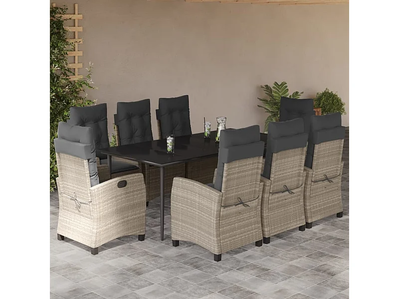 Ensemble à manger de jardin et coussins 9 pcs gris clair rotin