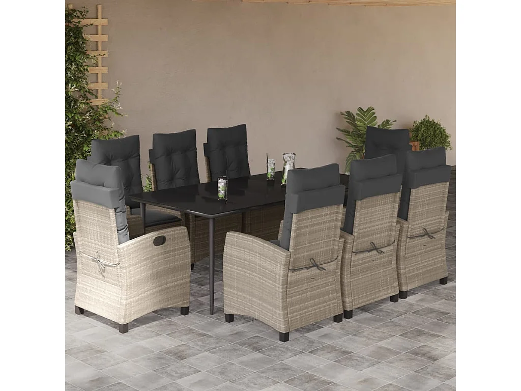 Ensemble à manger de jardin et coussins 9 pcs gris clair rotin