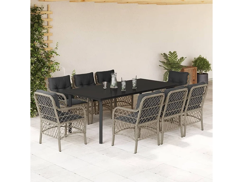 Ensemble à manger de jardin et coussins 9 pcs gris clair rotin