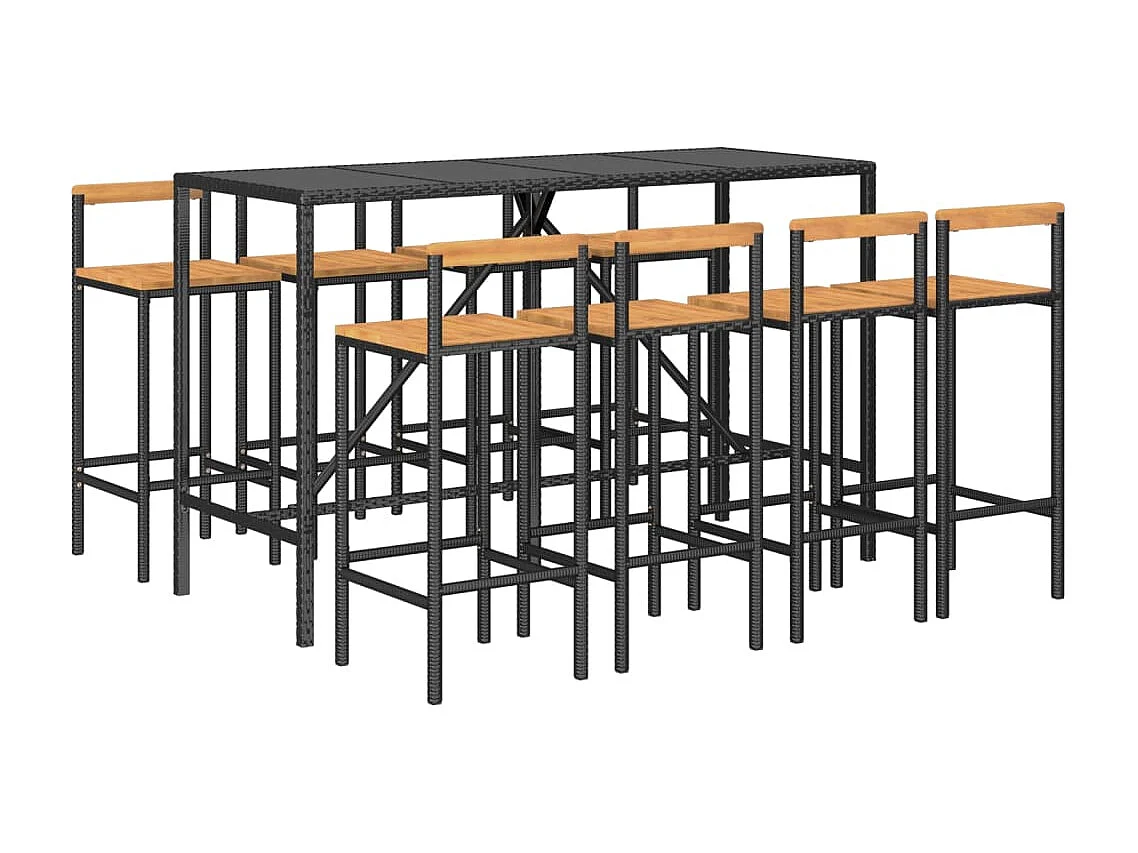 Ensemble de bar jardin 9 pcs noir poly rotin-bois massif acacia