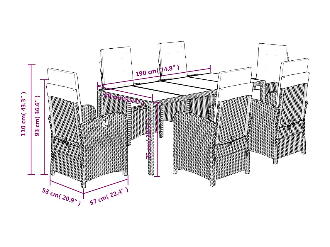 Ensemble à manger de jardin coussins 7pcs Noir Résine tressée