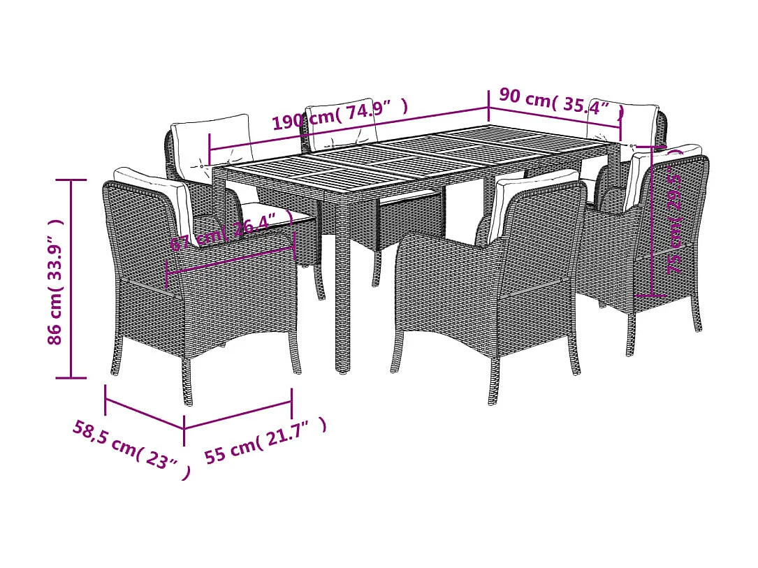Ensemble à manger de jardin et coussins 7 pcs gris rotin