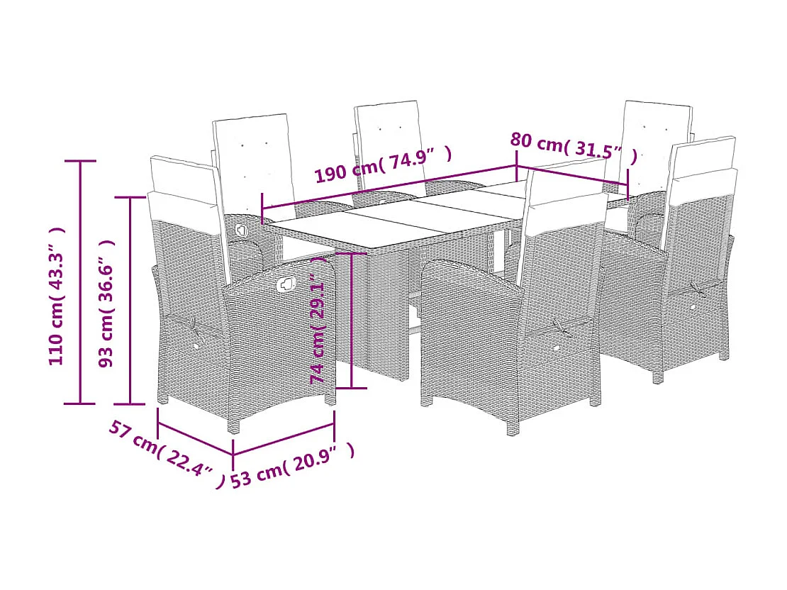 Ensemble à manger de jardin et coussins 7 pcs gris clair rotin