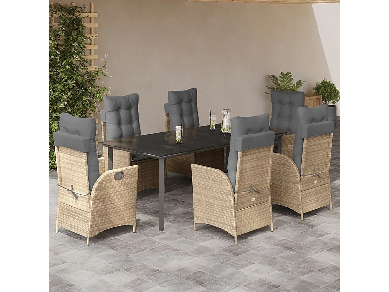 Ensemble à manger de jardin et coussins 7 pcs beige poly rotin
