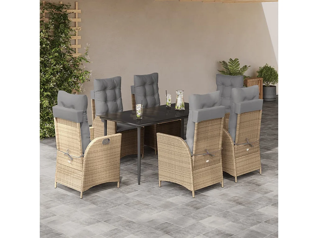 Ensemble à manger de jardin et coussins 7 pcs beige poly rotin