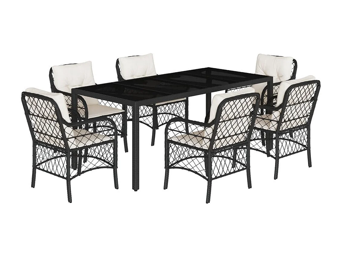 Ensemble à manger de jardin coussins 7pcs Noir Résine tressée