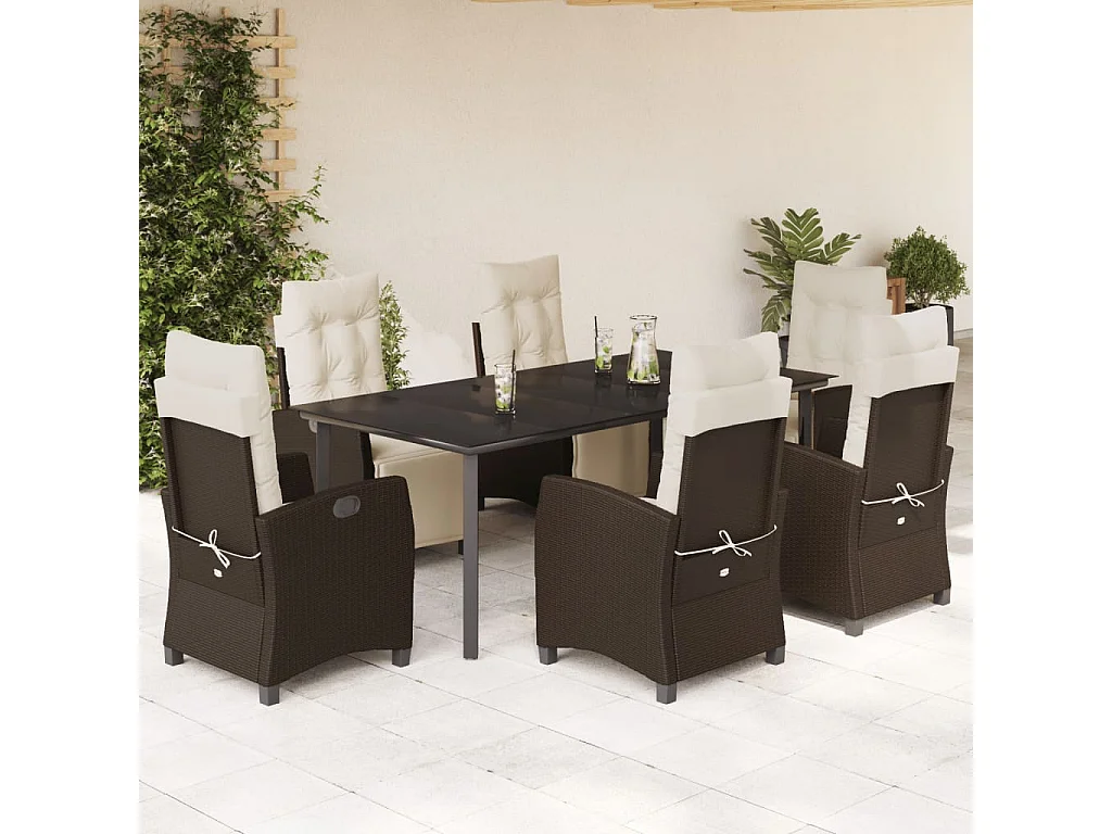 Ensemble à manger de jardin et coussins 7 pcs marron rotin