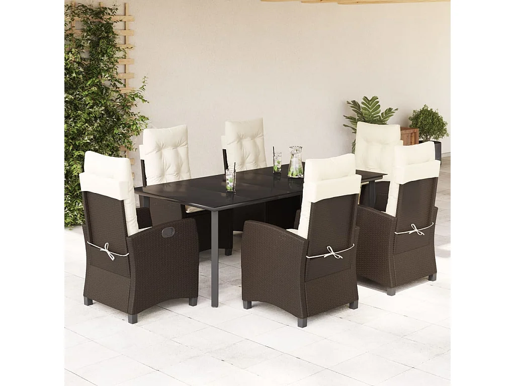 Ensemble à manger de jardin et coussins 7 pcs marron rotin