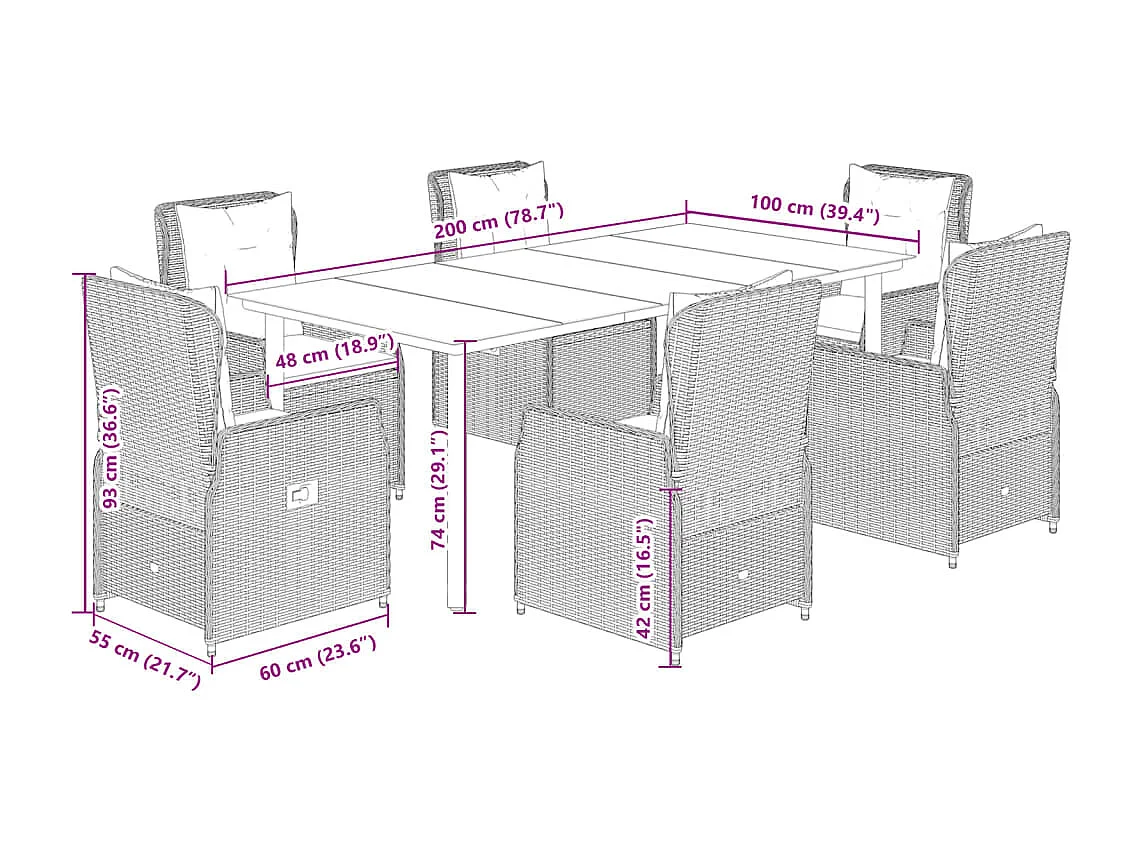 Ensemble à manger de jardin et coussins 7 pcs marron rotin