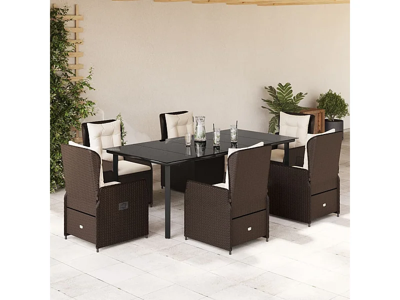 Ensemble à manger de jardin et coussins 7 pcs marron rotin