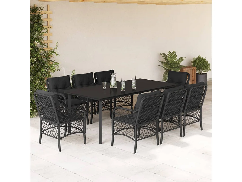 Ensemble à manger de jardin 9pcs coussins noir résine tressée