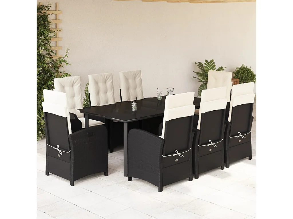 Ensemble à manger de jardin 9pcs coussins noir résine tressée