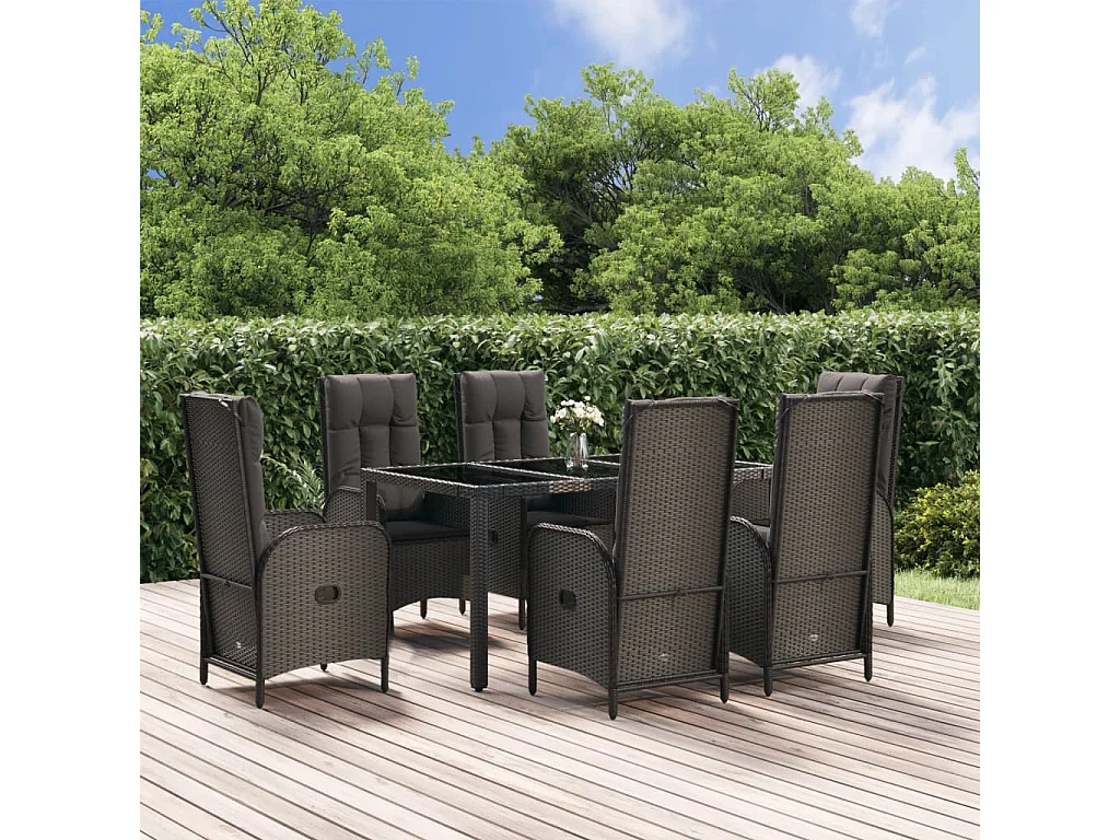 Ensemble à manger jardin et coussins 7 pcs Noir et gris Rotin