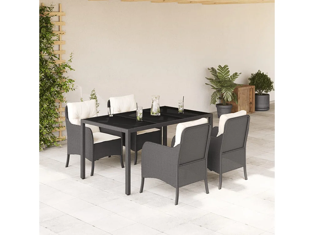 Ensemble à manger de jardin coussins 5pcs Noir Résine tressée