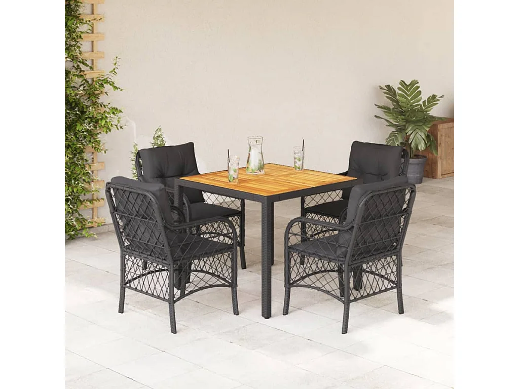 Ensemble à manger de jardin coussins 5pcs Noir Résine tressée