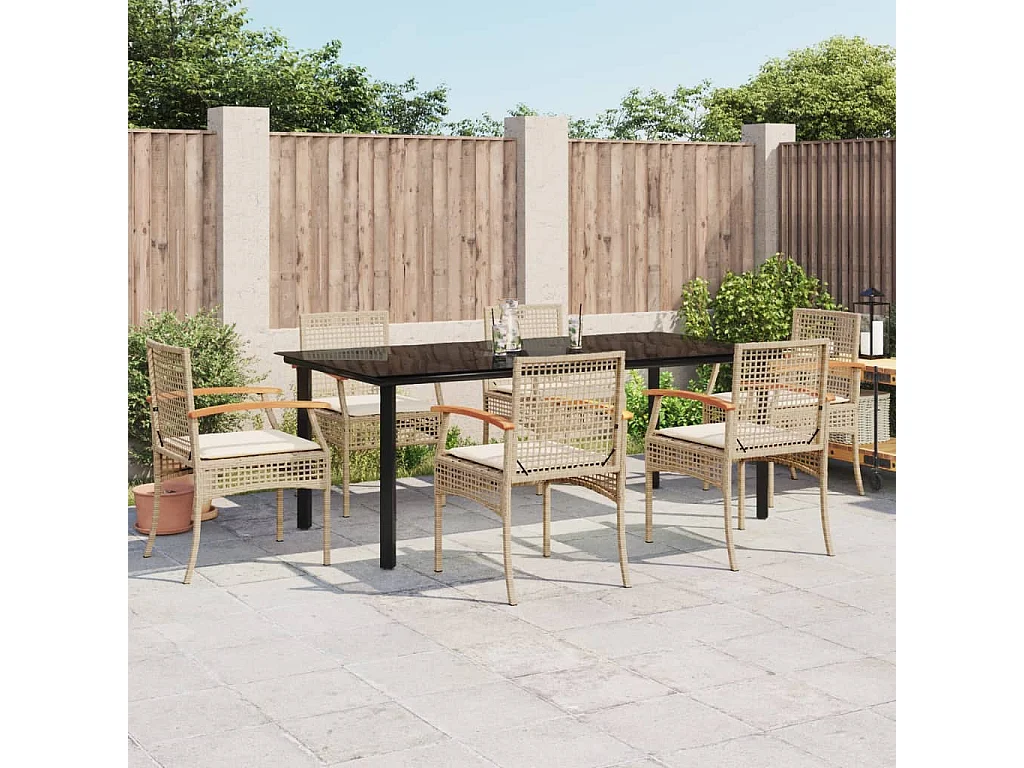 Ensemble à manger de jardin et coussins 7 pcs beige poly rotin