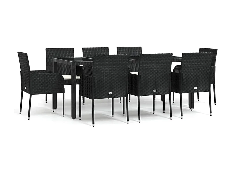 Ensemble à manger jardin 9pcs et coussins noir résine tressée