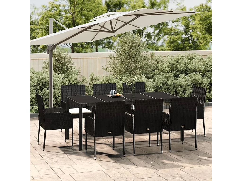 Ensemble à manger jardin 9pcs et coussins noir résine tressée