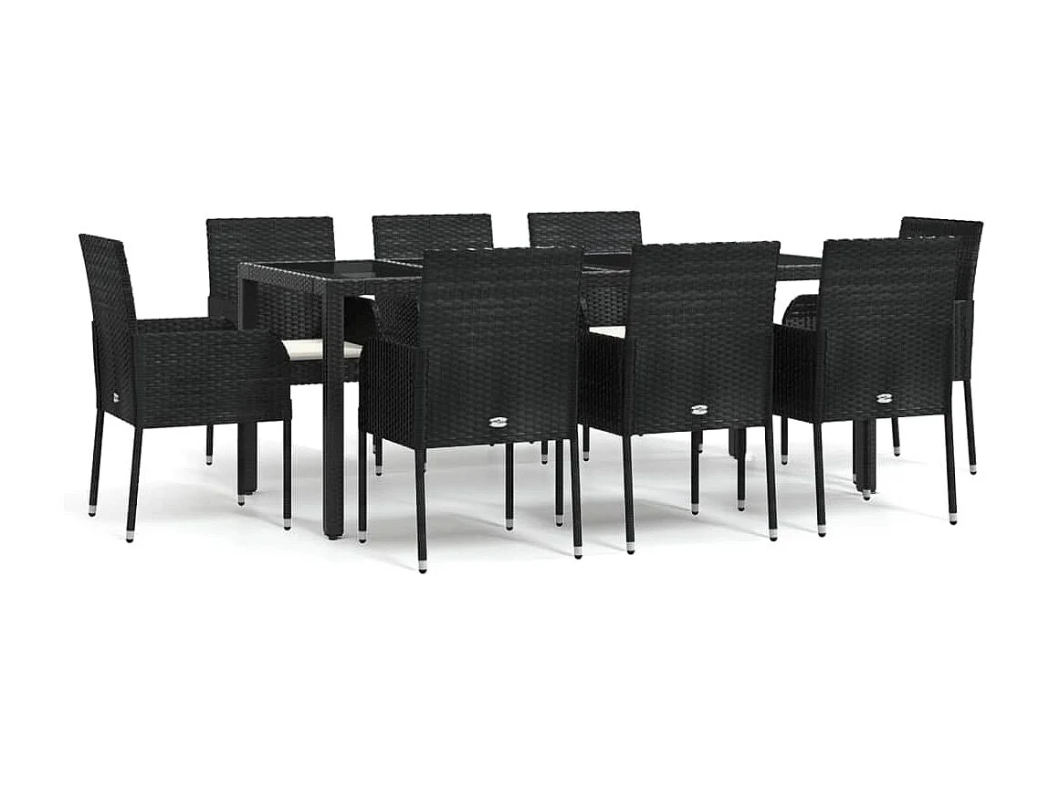Ensemble à manger jardin 9pcs et coussins noir résine tressée