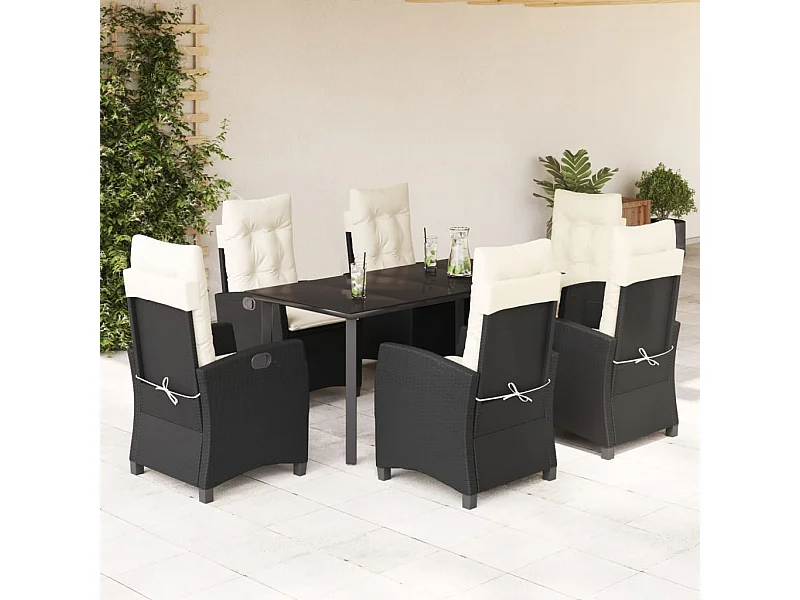 Ensemble à manger de jardin coussins 7pcs Noir Résine tressée