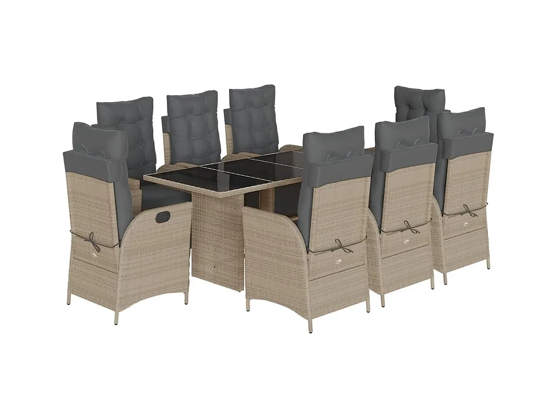 Ensemble à manger de jardin et coussins 9 pcs gris clair rotin