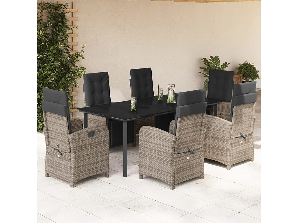 Ensemble à manger de jardin et coussins 7 pcs gris rotin