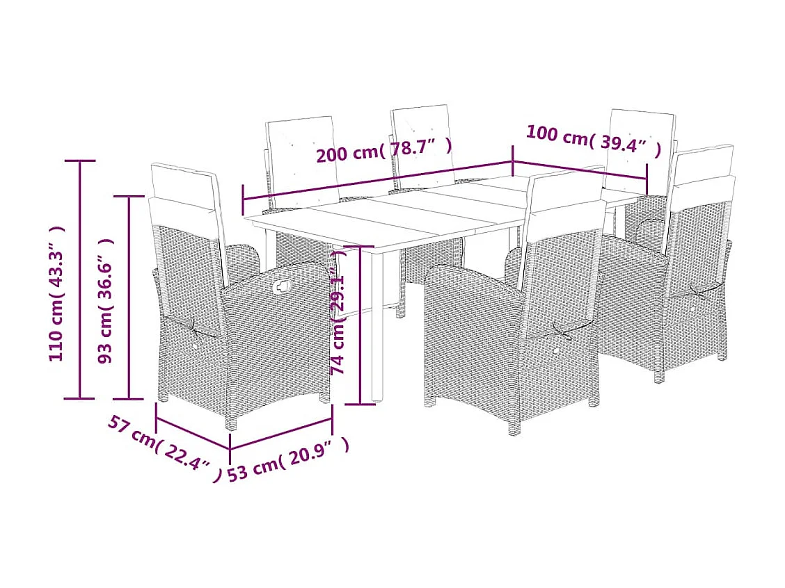 Ensemble à manger de jardin et coussins 7 pcs gris rotin