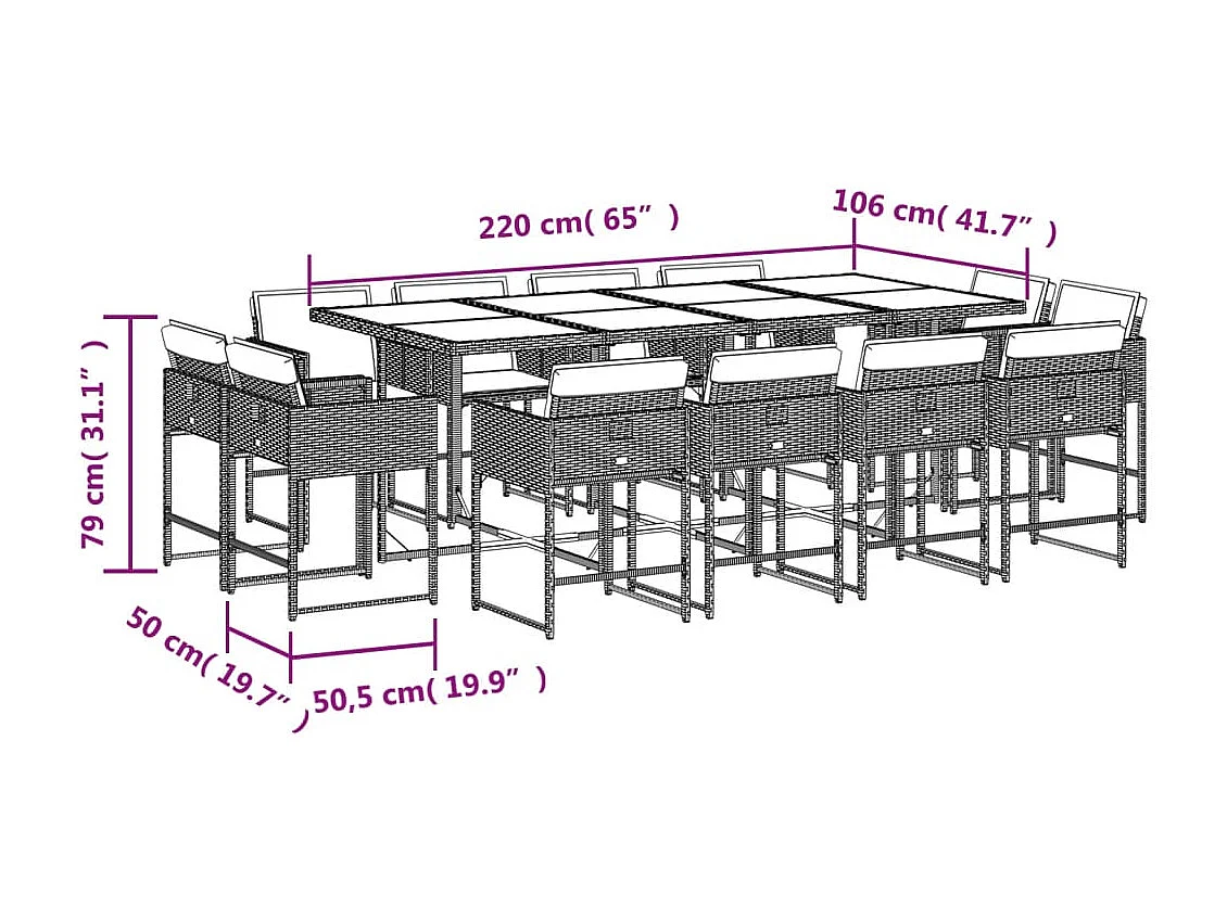 Ensemble à manger de jardin et coussins 13 pcs gris clair rotin