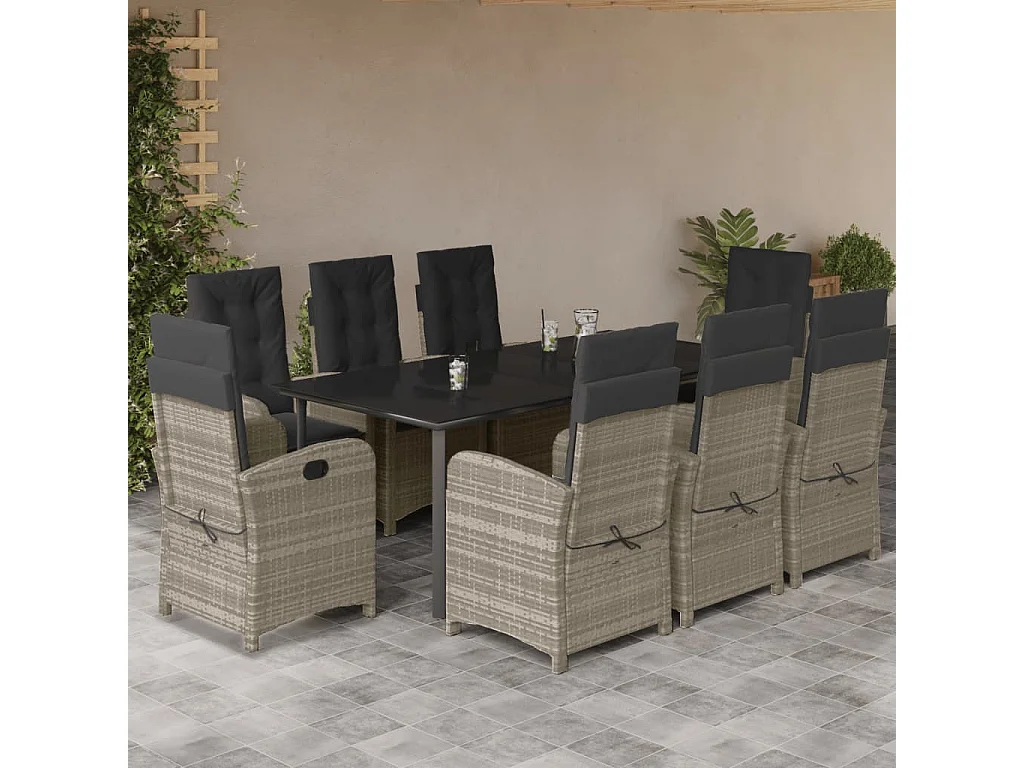 Ensemble à manger de jardin et coussins 9 pcs gris clair rotin