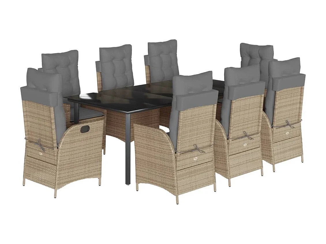 Ensemble à manger de jardin et coussins 9 pcs beige Poly rotin