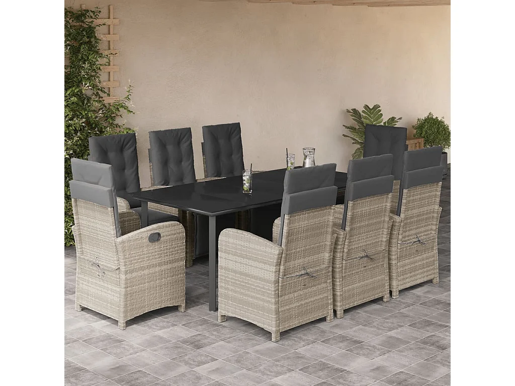 Ensemble à manger de jardin et coussins 9 pcs gris clair rotin