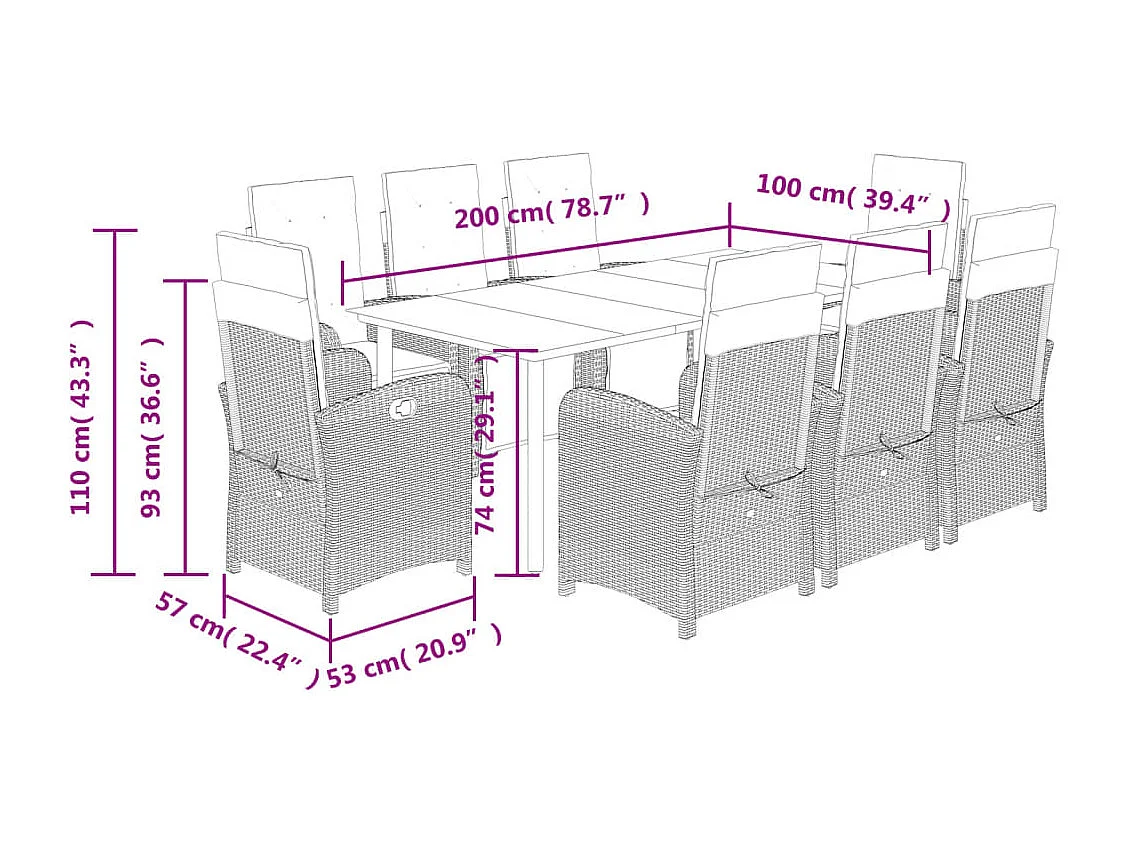 Ensemble à manger de jardin et coussins 9 pcs gris clair rotin