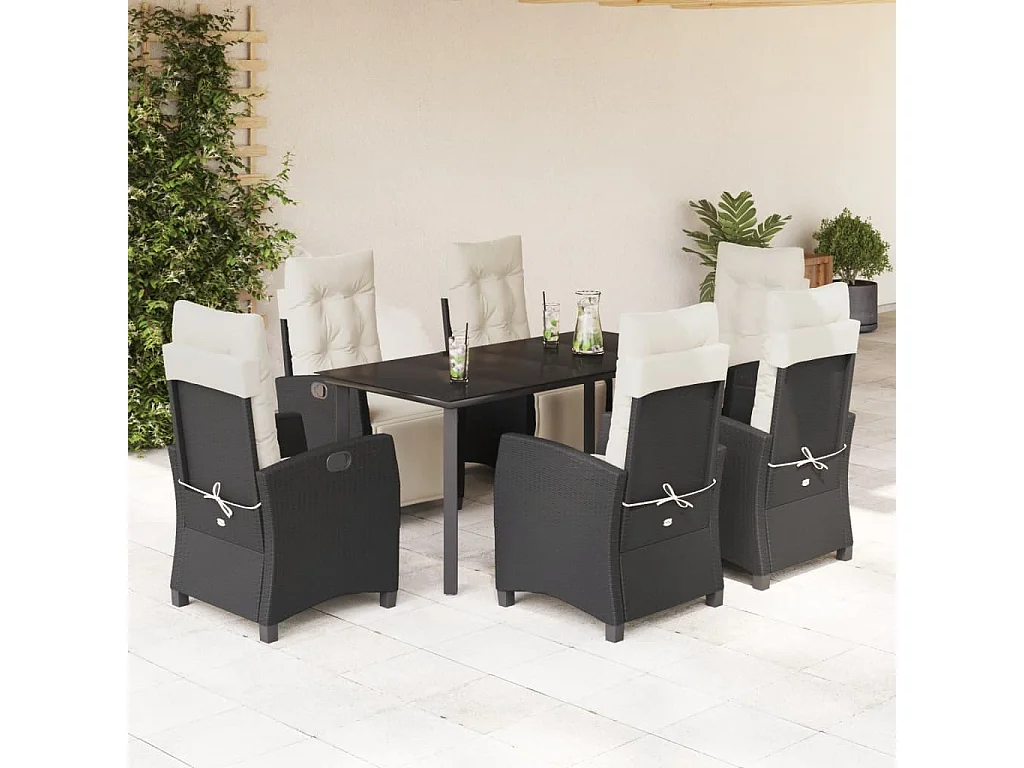 Ensemble à manger de jardin coussins 7pcs Noir Résine tressée