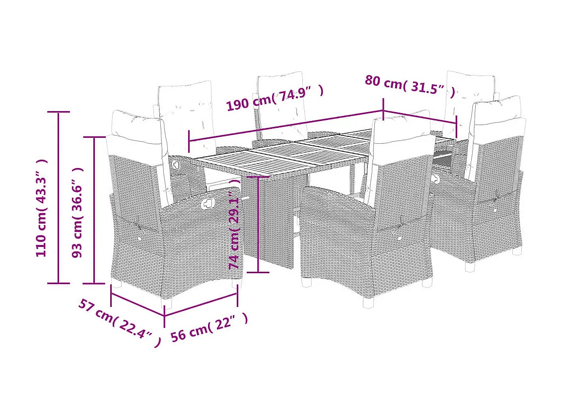 Ensemble à manger de jardin coussins 7pcs Noir Résine tressée