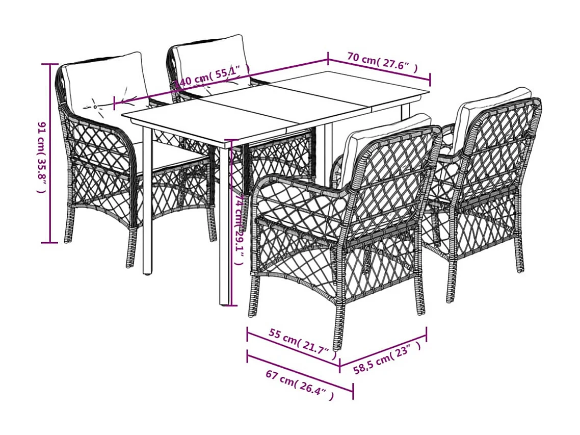 Ensemble à manger de jardin et coussins 5 pcs gris clair rotin