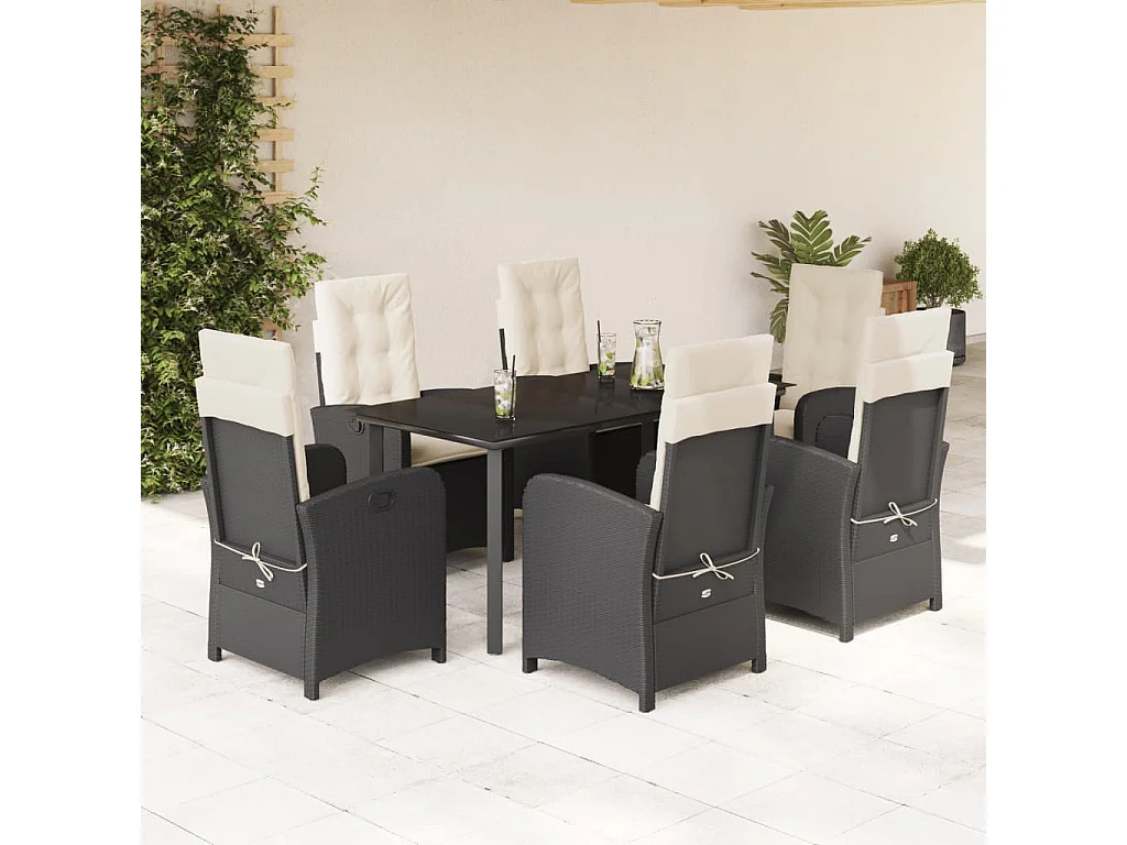 Ensemble à manger de jardin coussins 7pcs Noir Résine tressée