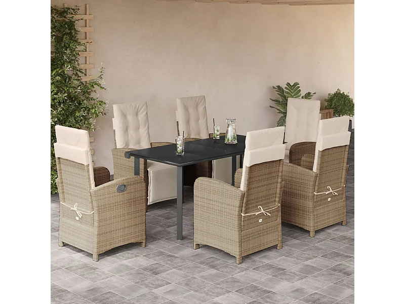 Ensemble à manger de jardin et coussins 7 pcs beige poly rotin