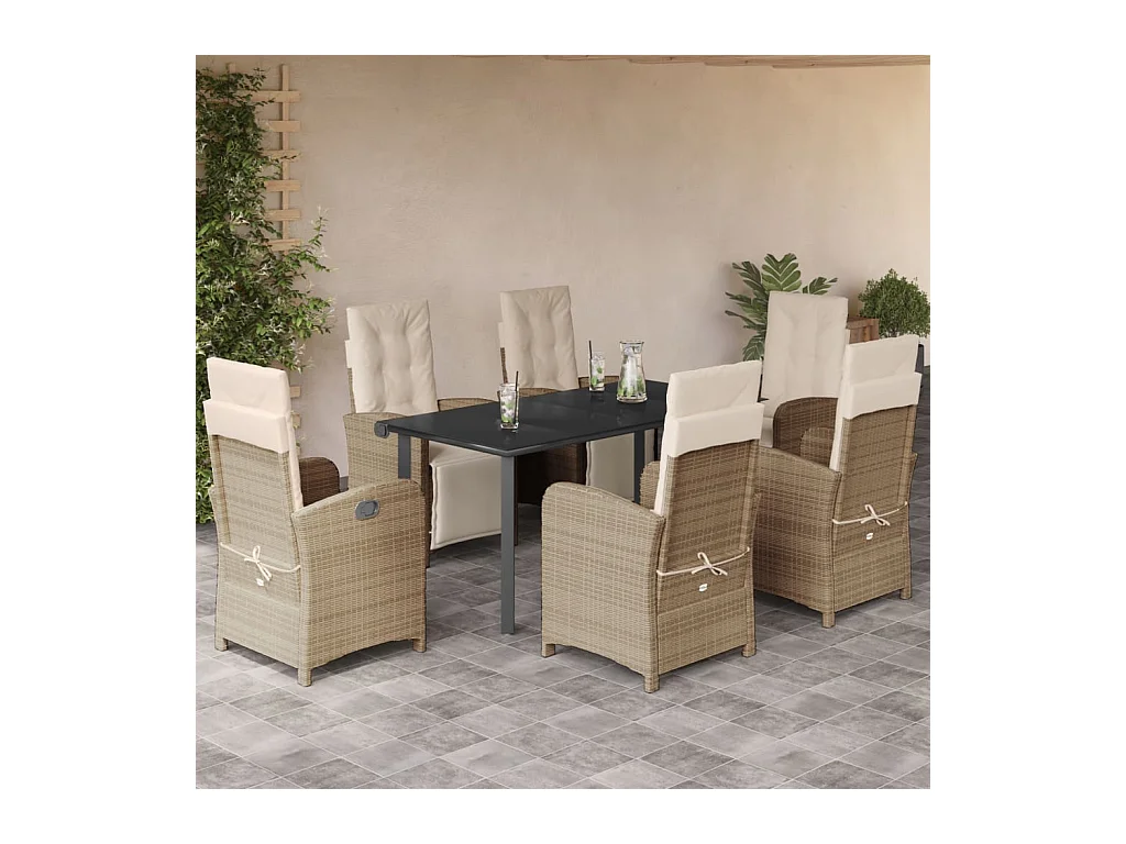 Ensemble à manger de jardin et coussins 7 pcs beige poly rotin
