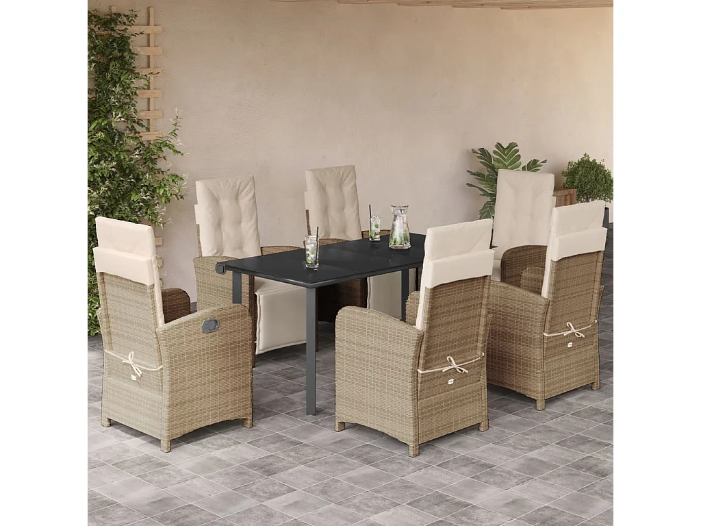 Ensemble à manger de jardin et coussins 7 pcs beige poly rotin