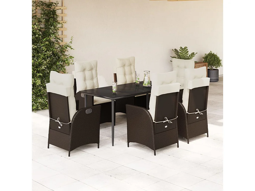 Ensemble à manger de jardin et coussins 7 pcs marron rotin