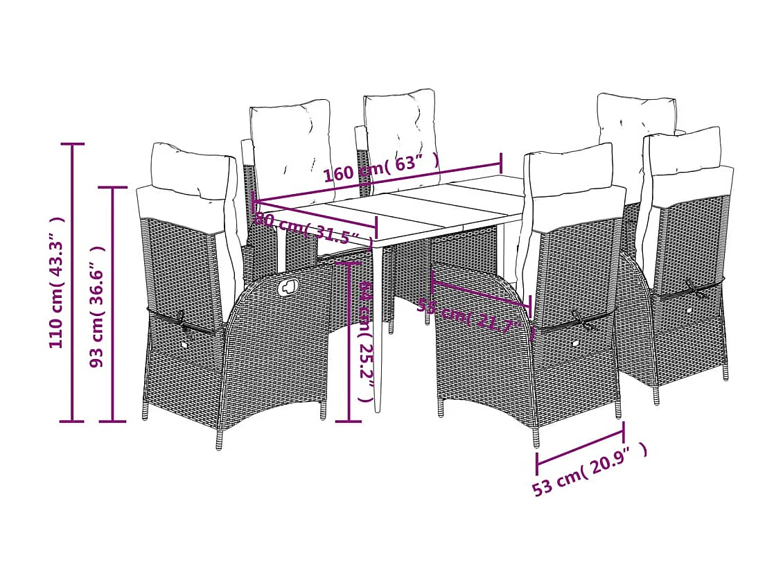 Ensemble à manger de jardin et coussins 7 pcs marron rotin