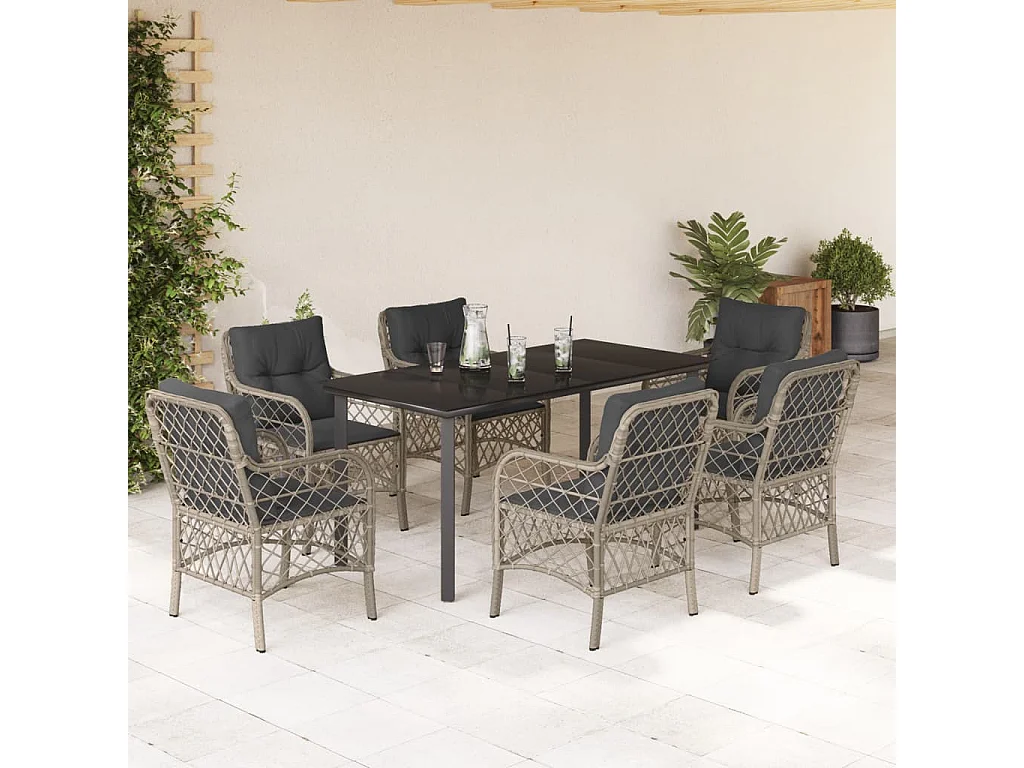 Ensemble à manger de jardin et coussins 7 pcs gris clair rotin