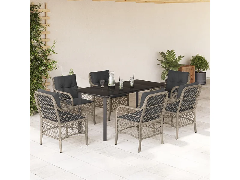 Ensemble à manger de jardin et coussins 7 pcs gris clair rotin