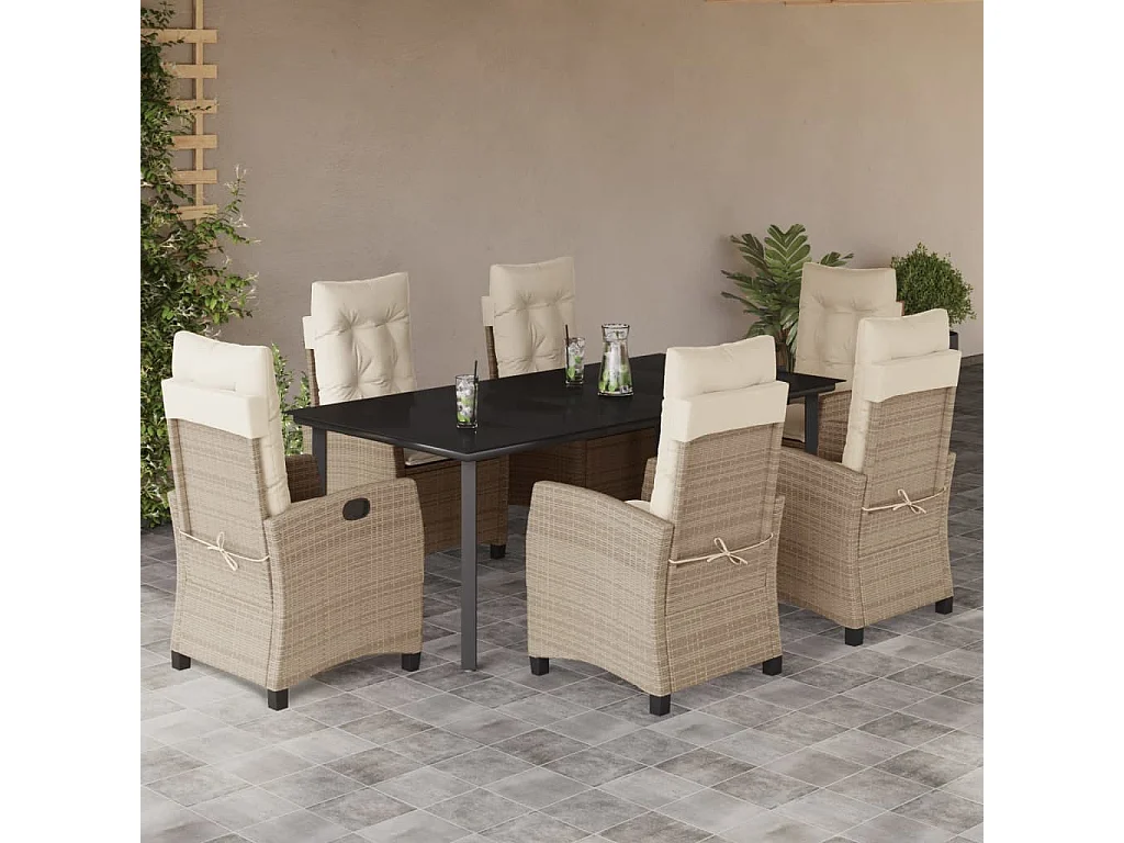 Ensemble à manger de jardin et coussins 7 pcs beige poly rotin