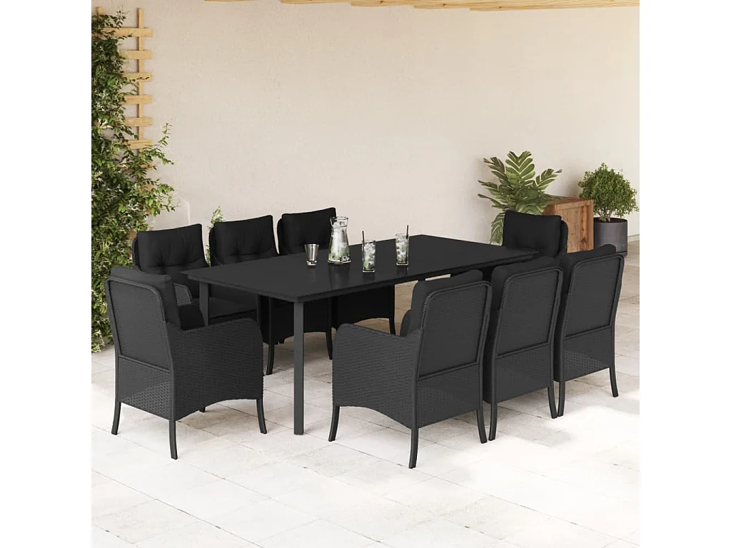 Ensemble à manger de jardin 9pcs coussins noir résine tressée
