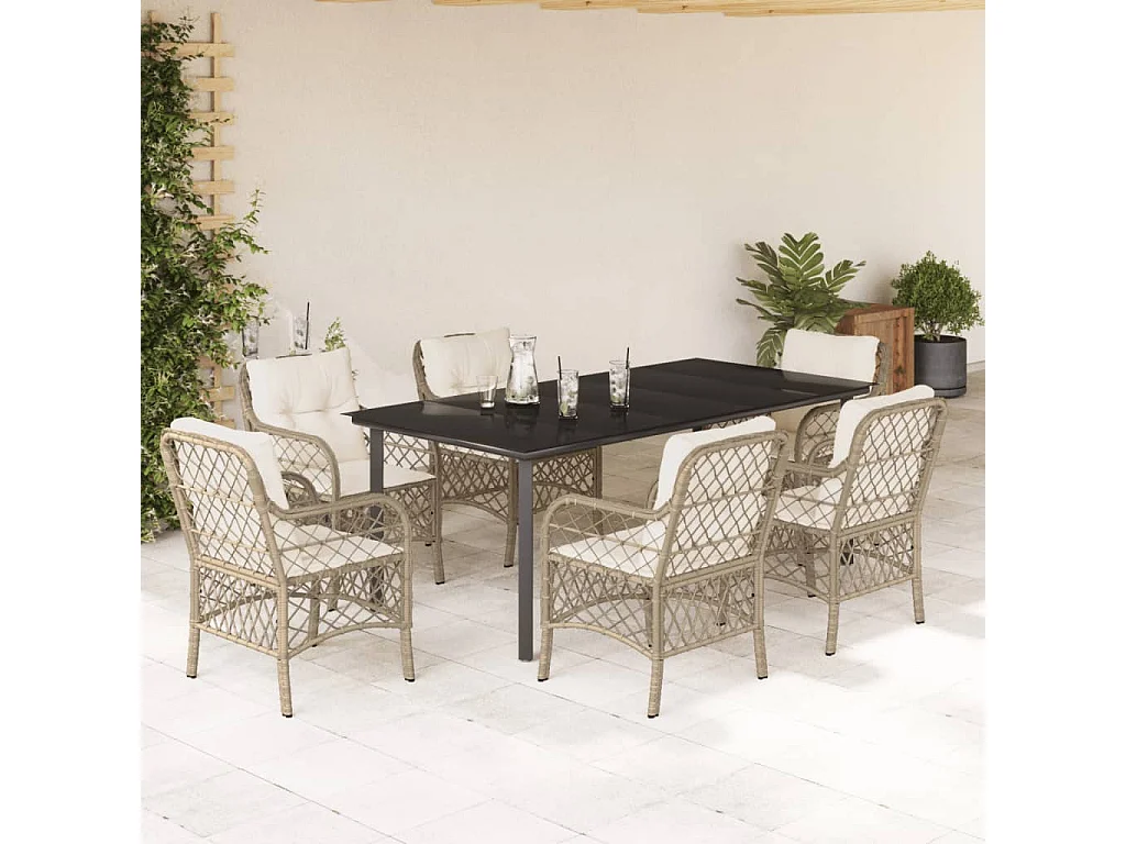 Ensemble à manger de jardin et coussins 7 pcs beige poly rotin