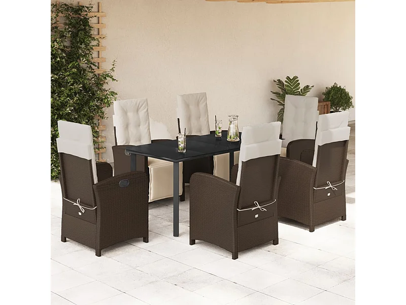 Ensemble à manger de jardin et coussins 7 pcs marron rotin