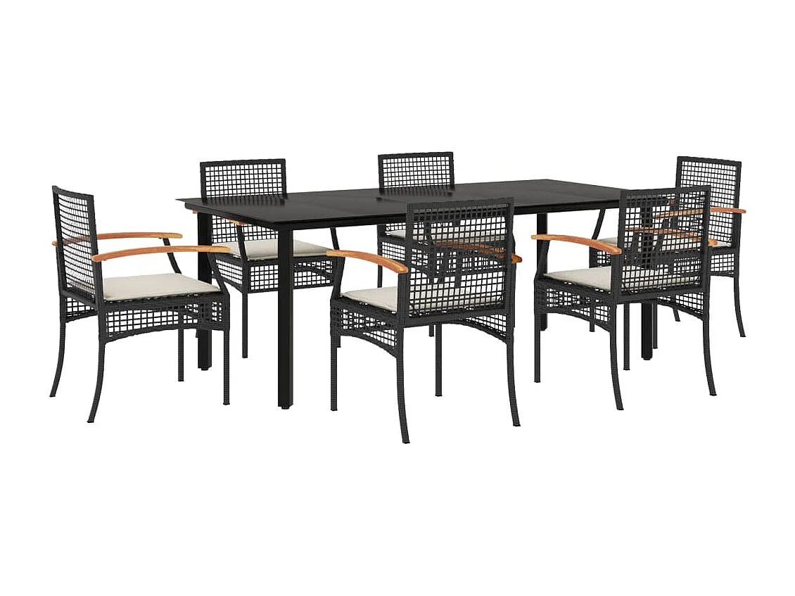 Ensemble à manger de jardin coussins 7pcs Noir Résine tressée