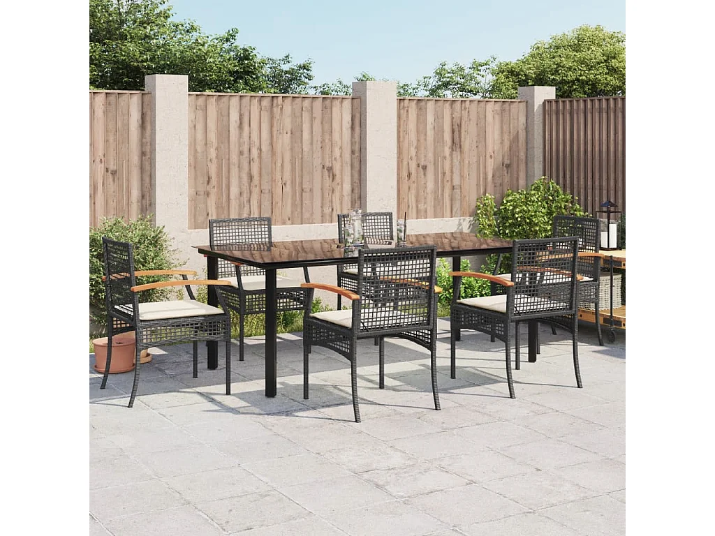 Ensemble à manger de jardin coussins 7pcs Noir Résine tressée