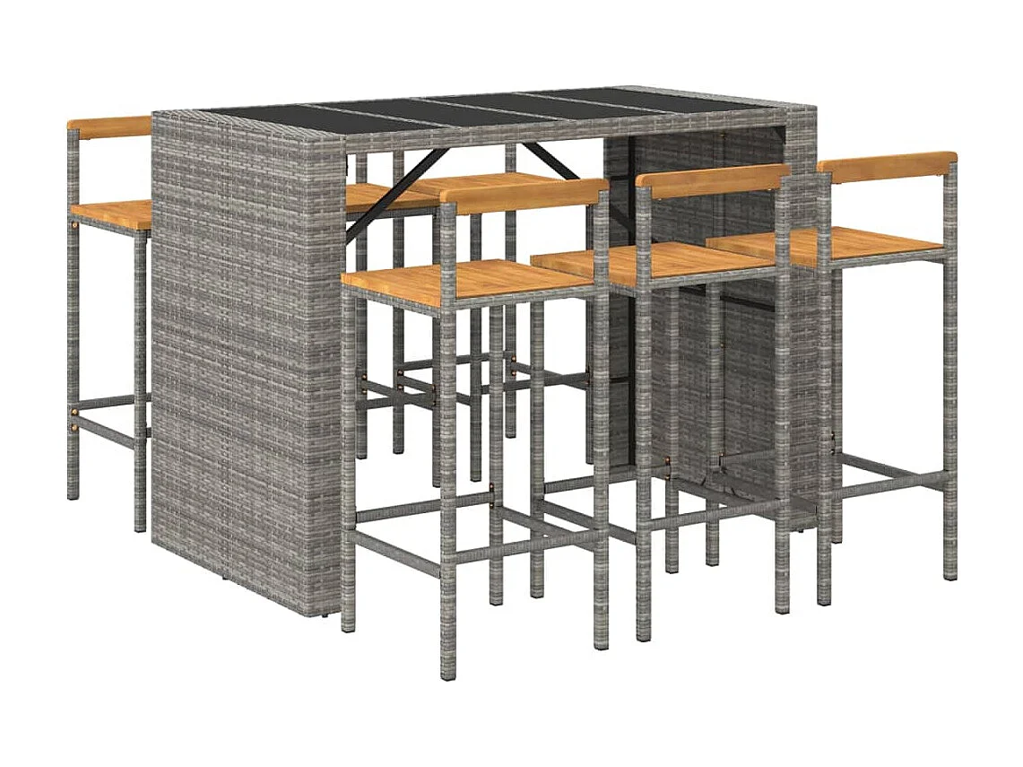 Ensemble de bar jardin 7 pcs gris poly rotin-bois massif acacia
